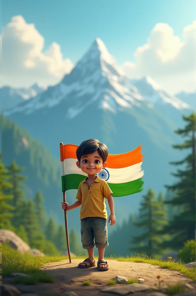 A cute boy is standing holding the flag of India and has the flag of India printed on his cheek: and behind is a scene of mountains and forests.