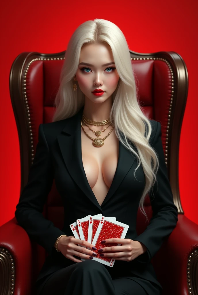 A beautiful digital art mafia korean woman full body with long platinum hair and beautiful blue eyes. wearing a black suit with gold acessories. she is holding card with red heart deck of cards while sitting in a luxury chair. Plain Red background