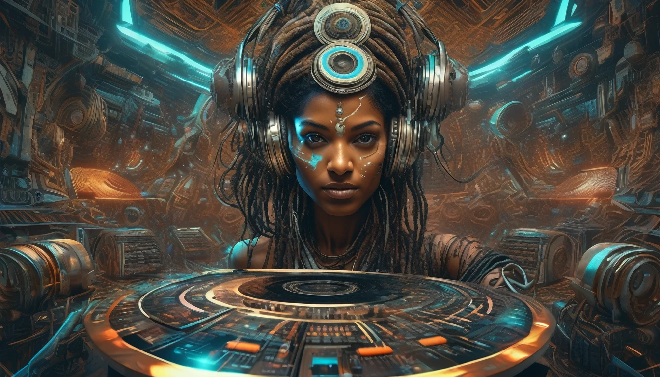 Indian woman (a closeup:.5)  a fisheye lens photo of a post apocalyptic tribal cyborg dj tweaking and playing synthesizers in the most complicated and technical spiral fractal musical studio, powerful, cinematic, beautifully lit, by donato giancola, by artgerm, by karol bak, 3d, perfect face and body, trending on artstation, octane render, 8k Ultra