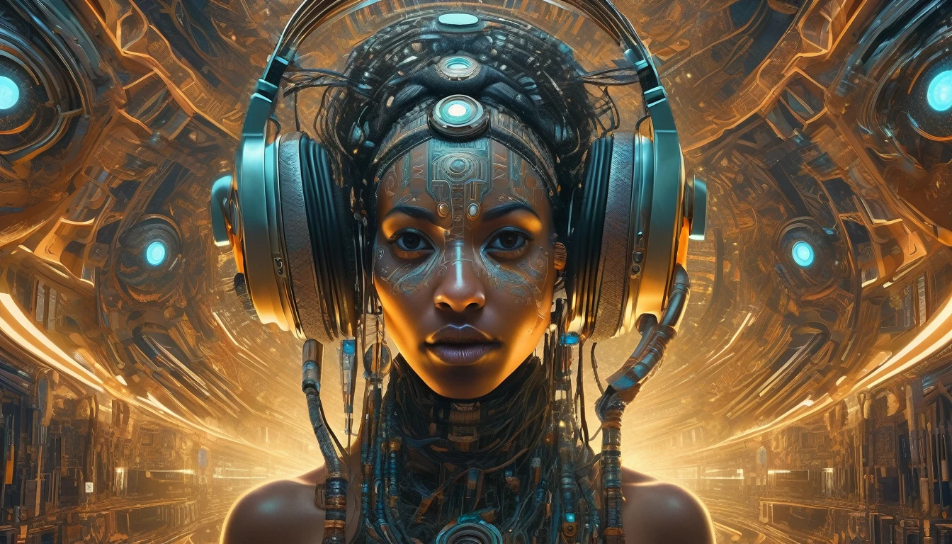 Indian woman (a closeup:.5)  a fisheye lens photo of a post apocalyptic tribal cyborg dj tweaking and playing synthesizers in the most complicated and technical spiral fractal musical studio, powerful, cinematic, beautifully lit, by donato giancola, by artgerm, by karol bak, 3d, perfect face and body, trending on artstation, octane render, 8k Ultra