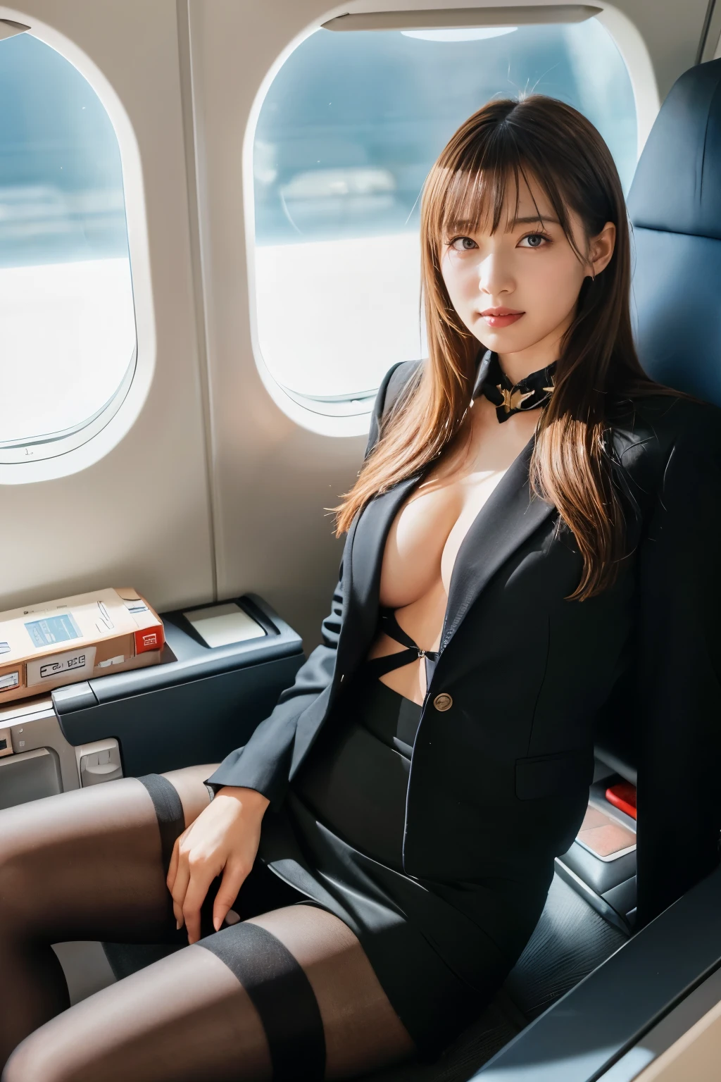 (suit, Tight Skirt, Ultra-realistic hose:1.3), Sexy an、flare skirt、Ukrainian、Ukrainian Goddess、Incredible beauty、Wearing surreal pantyhos cross-legged on an airplane..........、Laughter、High heels、game_Tekkâ、 (English) (English) (English) (English) (English) (English) (English) (English) (English) (English) (English), masterpiece, 最high quality, The reality of light, RAW Photos、8k, High resolution, Detailed Skin, 8k, Ultra HD, Digital single-lens reflex camera, Soft lighting, high quality, Film Grain, Fujifilm XT3, Realistic skin texture、Glossy Skin、Exposing thighs!!!