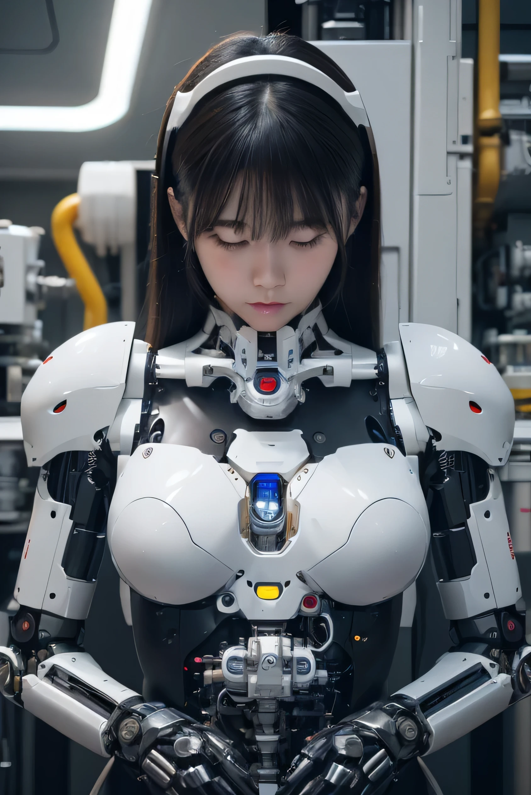 masterpiece, best quality, extremely detailed, 8K portrait,1girl in, Japaese android girl,android teacher,Plump , control panels,android,Droid,Mechanical Hand, ,Robot arms and legs, Black hair,Mechanical body,Blunt bangs,White Robotics Parts,perfect robot woman,Charging spot,perfect mechanical body,white robotics body,android assembly plant,white body,She has repaired,black sponge joints,android,laboratory,perfect machine body,white robot body,rolling eyes