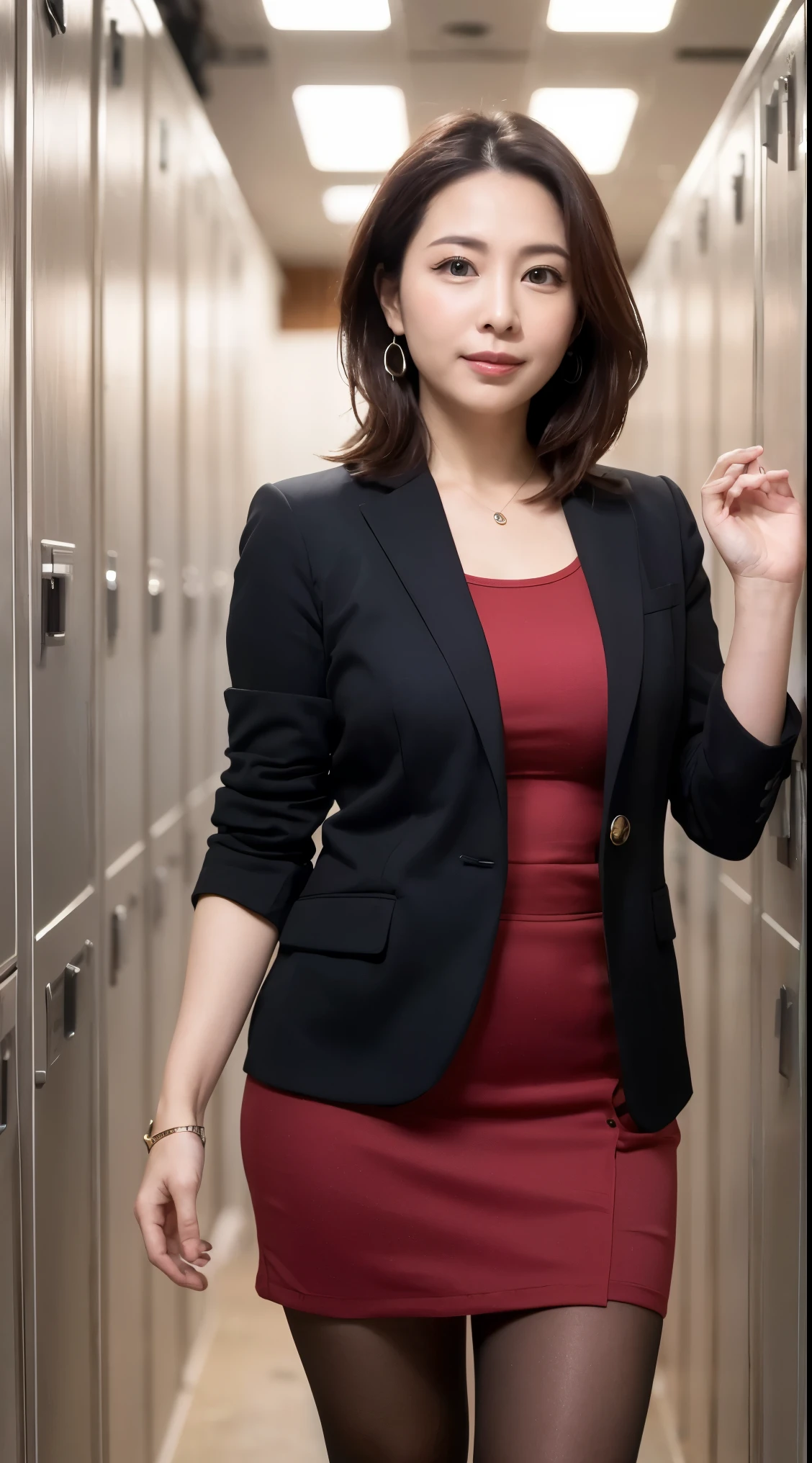 ((Highest quality、8k、masterpiece:1.3))、Realistic, Sharp focus, High resolution, High resolution, alone, Japanese, Middle-aged women, Beautiful woman, sexy, (suit, Tight Skirt:1.3),  pantyhose, 43 years old, Plump, Bob Hair, Wrinkles around the eyes, Office Changing Room, many steel lockers, Dark Background, Beautiful mature woman