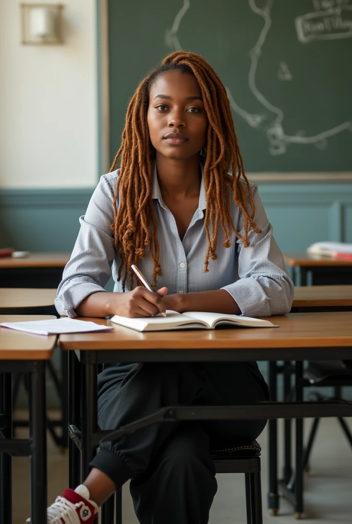 African-American teacher with Locs, brown skin brown eyes, sandy red loc, with professional clothes on with Jordans and sitting at a desk