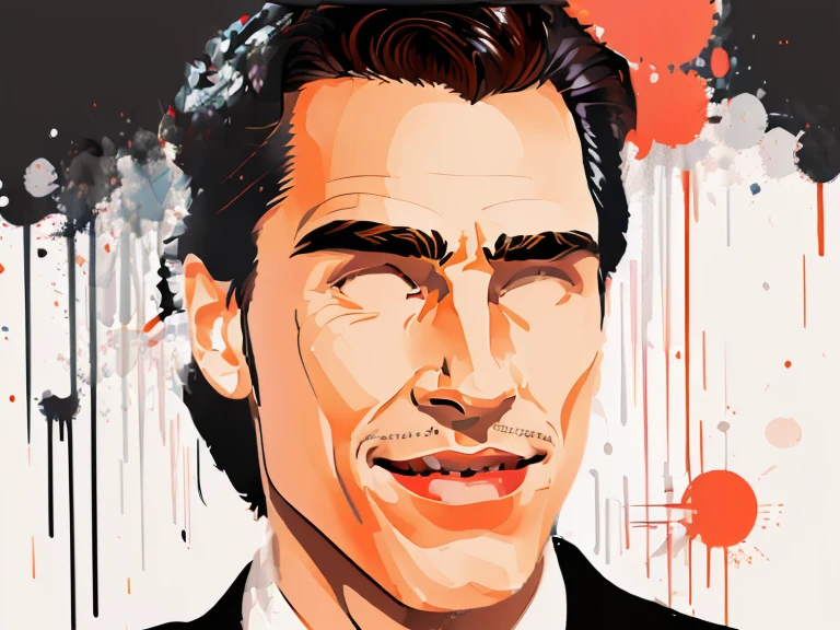 (t-shirt designer), stylized modern vector art, white background, vector, design, (a close-up of a man in a suit making a face), Patrick Bateman), in American Psycho (1 9 9 9), in American Psycho (1999 ), Patrick Bateman, in Psycho Americana, American Psycho, in the film Hard Target (1993), (Christian Bale), (smug smile).(minimalist),.few details,colors black and red.