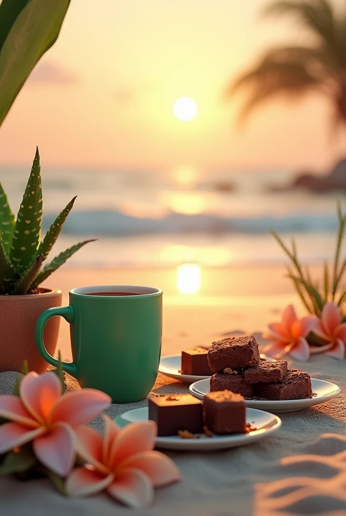 Sunrise beach green colour coffee mug relax chocolate on plates flowers snake plants