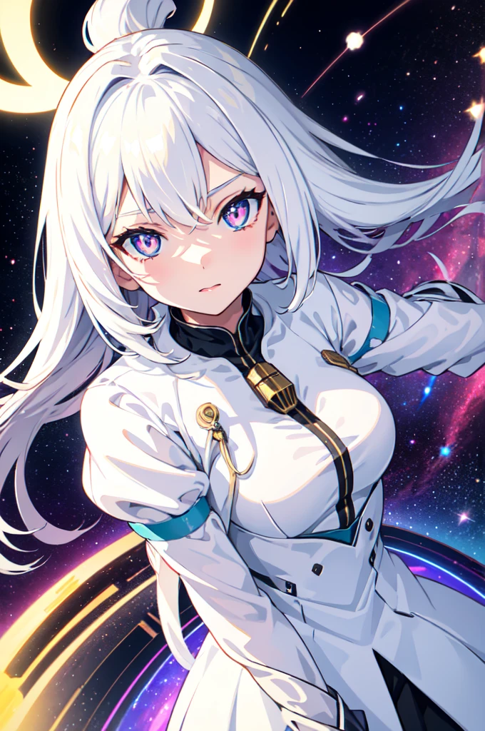 1girl, white hair, symbol-shaped pupils, space goddess, galaxy, light particles, light rays, wallpaper, high contrast, colorful,