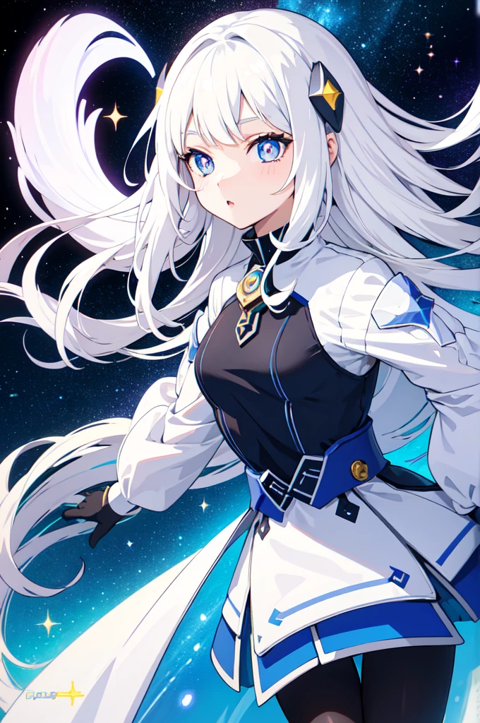 1girl, white hair, symbol-shaped pupils, space goddess, galaxy, light particles, light rays, wallpaper, high contrast, colorful,