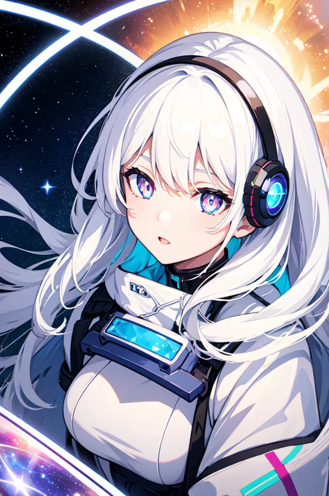 1girl, white hair, symbol-shaped pupils, space goddess, galaxy, light particles, light rays, wallpaper, high contrast, colorful,