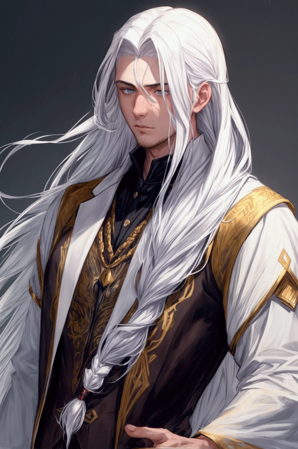 handsome young man with flowing white hair looking down