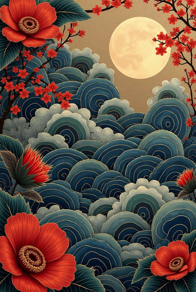 "Create an intricate and visually appealing image featuring a variety of traditional Japanese design patterns. Incorporate elements such as *asanoha* (hemp leaf), *seigaiha* (blue ocean waves), and *kikkō* (tortoise shell). The patterns should be arranged harmoniously in a balanced composition, using a color palette of deep indigo, gold, and crimson red. The overall aesthetic should evoke a sense of elegance, cultural richness, and attention to detail, typical of traditional Japanese art."
