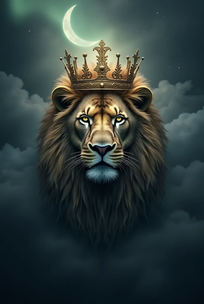 Lion head,crown,black,gold,moon,stormy fog,mystical touch,DARK mystic Background , Stars,little polar light touch