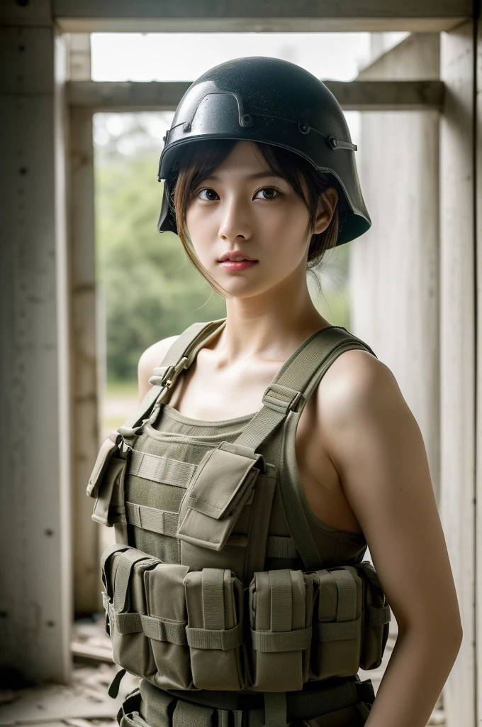 (masterpiece, ultra-detailed, ultra-realistic, best quality, clear focus, photorealistic), (ultra-high resolution, 8k:1.3), cinematic color-grading film, dramatic scenes, shadow, global-illumination, perfect anatomy, perfect face, (detailed face, detailed eye:1.3), (20 years old Japanese blonde girl:1.2), (experienced soldier:1.2), professional light, (beautiful with cute but boyish cool Japanese face:1.3), (Fully equipped for battle:1.3), (Strong willed expression:1.2), (afraid), (wearing a soldier's outfits with military helmet:1.2), slim waist, (at a battle field of Abandoned Building), (explosion:1.4), very large breasts, tactical vest, military harness, hip focus,