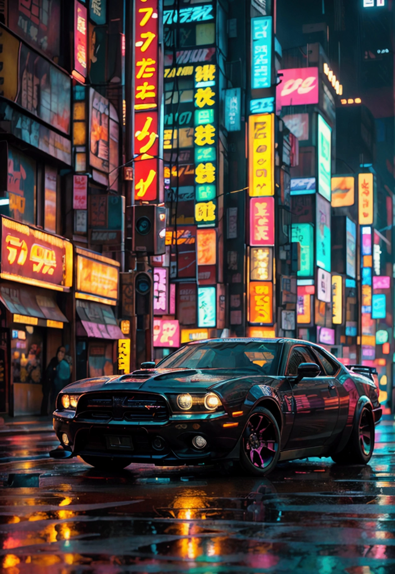 Dodge glistening under neon lights in a bustling Tokyo street. The car's contours catch reflections from vibrant signs and advertisements, creating a contrast between the car's glossy finish and the dark, wet pavement. The city's neon lights—reds, blues, and purples—illuminate the scene, enhancing the Dodges sharp lines and dynamic presence. The 8K Ultra HD quality would bring out intricate details like the glistening rain on the pavement and the rich textures of the city's backdrop.Front view black dodge