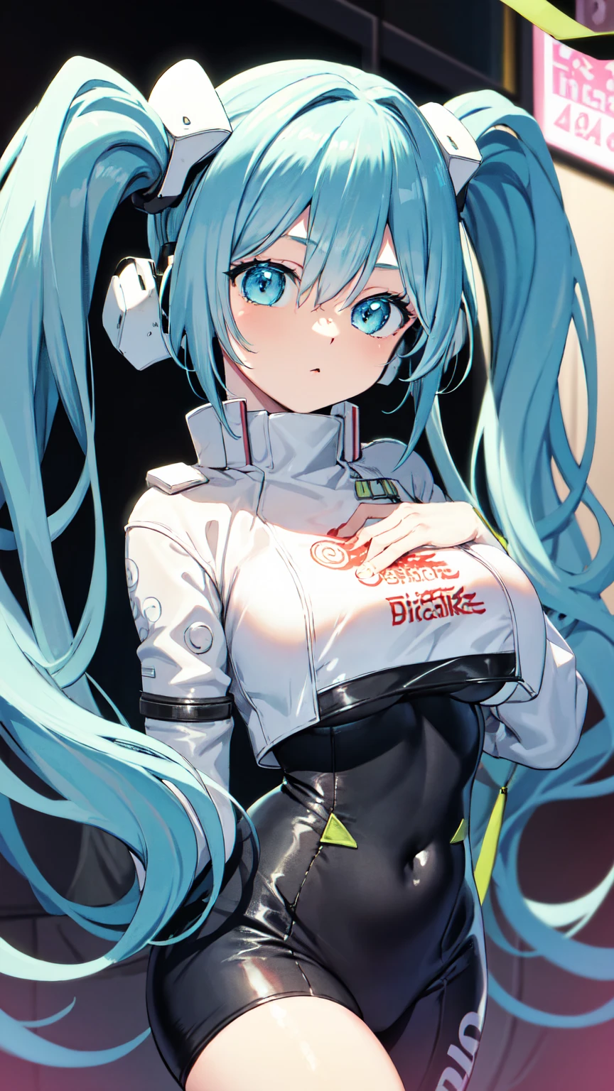 Hatsune Miku Vocaloid, Twin Tails, Light Blue Eyes, Light Blue Hair, Pichi Pichi Bodysuit, Cyber punk, Ultimate Physical Beauty, Beautiful Eyes, Big Breasts, 8K CG, Top Quality, Best Image Quality,