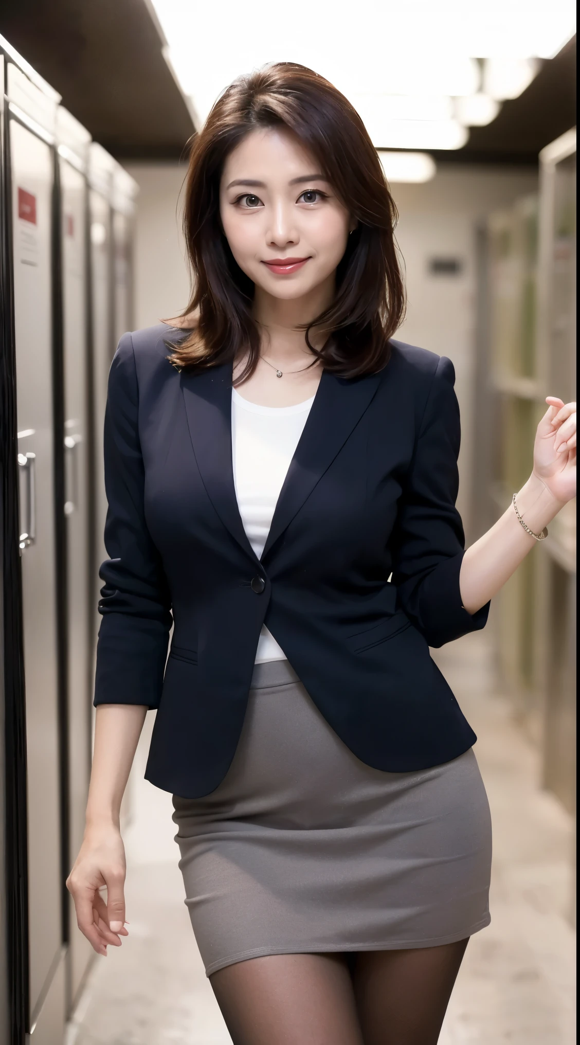 ((Highest quality、8k、masterpiece:1.3))、Realistic, Sharp focus, High resolution, High resolution, alone, Japanese, Middle-aged women, Beautiful woman, sexy, (suit, Tight Skirt:1.3),  pantyhose, 43 years old, Plump, Bob Hair, Wrinkles around the eyes, Office Changing Room, many steel lockers, Dark Background, Beautiful mature woman