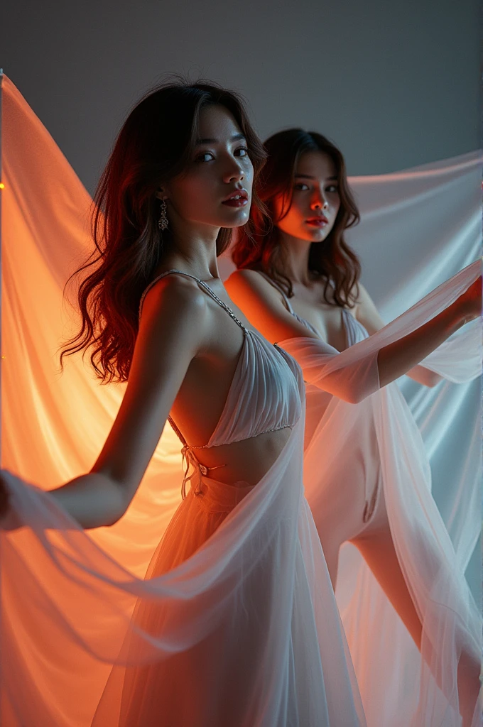 one girl tied up by another one with rope,(bright lighting,romantic setting),dreamy background,bondage,dark hair, mesmerizing gaze, , soft skin, alluring beauty, artistic portrait, high-quality image, vibrant colors, long silk gown, dressing room, (cocoon:1.2)