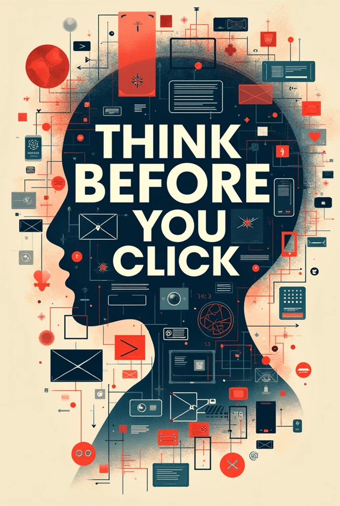 create poster slogan about “THINK BEFORE YOU CLICK” with a background of technologies or media