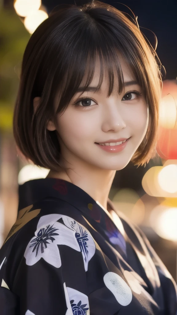 8k,Highest quality,(masterpiece:1.2),(Realistic),(Realistic:1.37),Ultra-high resolution,1 female college student,Fireworks display,night,smile,Beautiful Eyes,(((Cute Yukata))),Perfect body,Perfect Fingers,Professional Lighting,gravure,Detailed face and skin texture,fine grain,RAW Photos