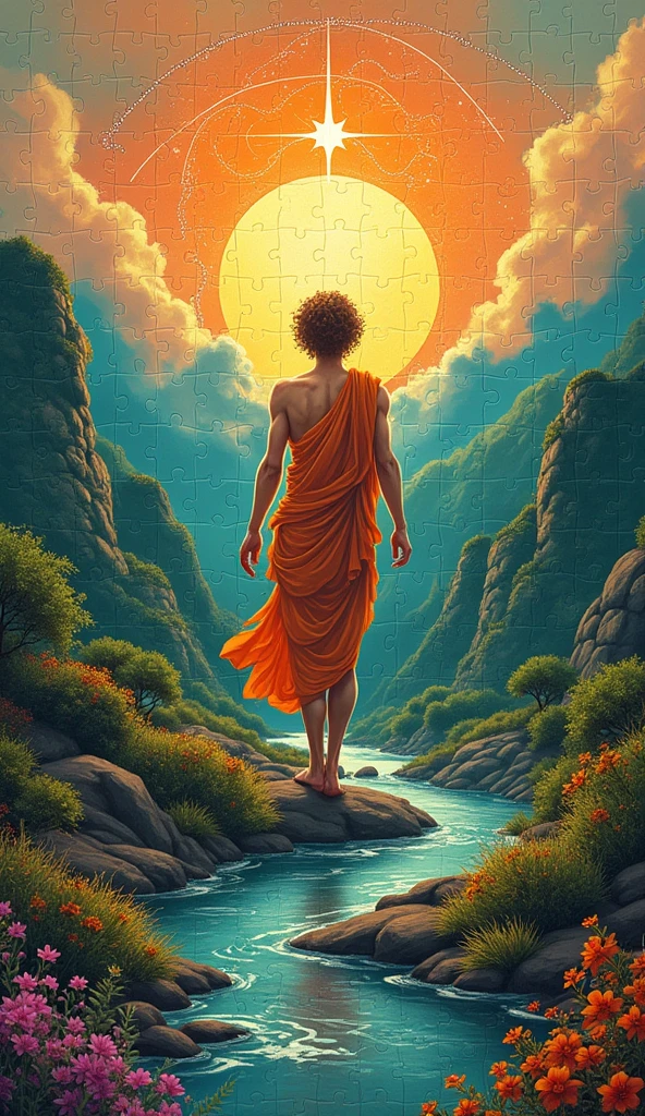 The completed puzzle is revealed, showing a beautiful, vibrant picture, symbolizing the best version of oneself, Illustration Drawing Stoicism
