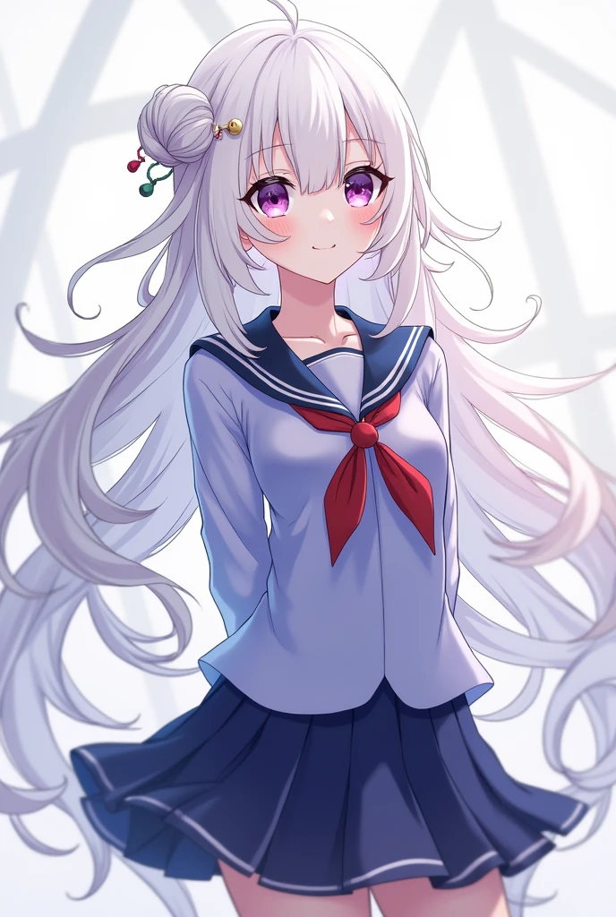 frolaytiacapistrano, frolaytia capistrano, long hair, bangs, hair ornament, (purple eyes:1.3), white hair, hair bun, single hair bun, 
BREAK (skirt, pleated skirt, serafuku, shirt, blue shirt, long sleeves, long skirt, blue skirt, blue sailor collar, sailor collar, neckerchief, red neckerchief:1.2), 
BREAK Angle from below, ((hands behind back:1.5)),
BREAK (art: 1.2), best quality, high resolution, 8k unitary, (illustration: 0.8), (beautiful detailed eyes: 1.6), extremely detailed face, perfect lighting, extremely detailed in CG, (perfect hands, perfect anatomy),