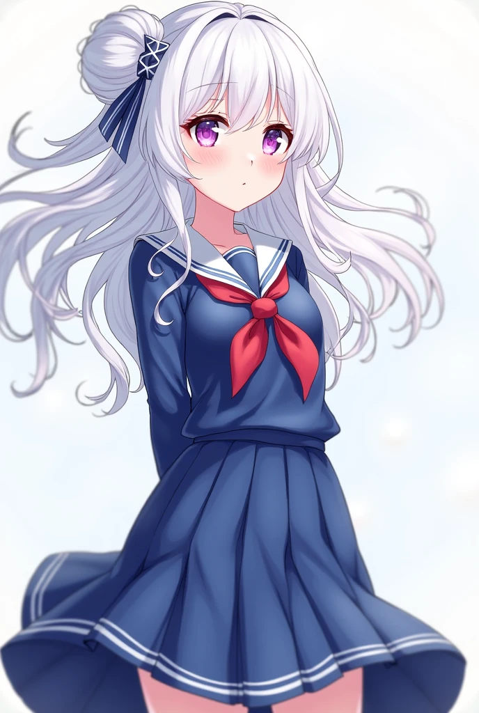 frolaytiacapistrano, frolaytia capistrano, long hair, bangs, hair ornament, (purple eyes:1.3), white hair, hair bun, single hair bun,
BREAK (skirt, pleated skirt, serafuku, shirt, blue shirt, long sleeves, long skirt, blue skirt, blue sailor collar, sailor collar, neckerchief, red neckerchief:1.2),
BREAK Angle from below, ((hands behind back:1.5)),
BREAK (art: 1.2), best quality, high resolution, 8k unitary, (illustration: 0.8), (beautiful detailed eyes: 1.6), extremely detailed face, perfect lighting, extremely detailed in CG, (perfect hands, perfect anatomy),