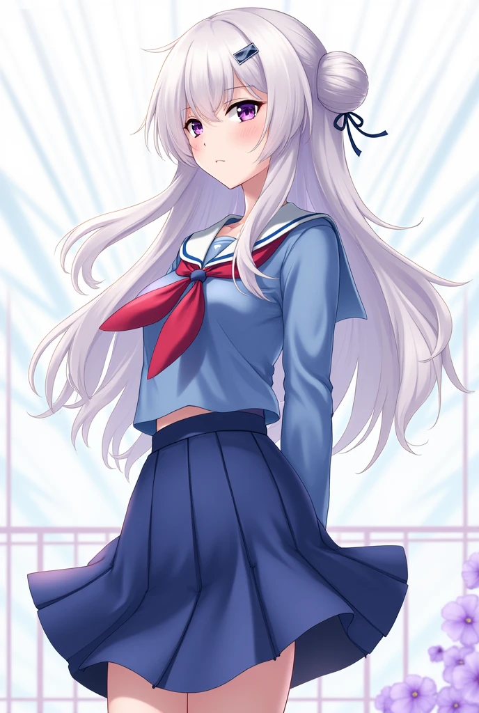 frolaytiacapistrano, frolaytia capistrano, long hair, bangs, hair ornament, (purple eyes:1.3), white hair, hair bun, single hair bun,
BREAK (skirt, pleated skirt, serafuku, shirt, blue shirt, long sleeves, long skirt, blue skirt, blue sailor collar, sailor collar, neckerchief, red neckerchief:1.2),
BREAK Angle from below, ((hands behind back:1.5)),
BREAK (art: 1.2), best quality, high resolution, 8k unitary, (illustration: 0.8), (beautiful detailed eyes: 1.6), extremely detailed face, perfect lighting, extremely detailed in CG, (perfect hands, perfect anatomy),
