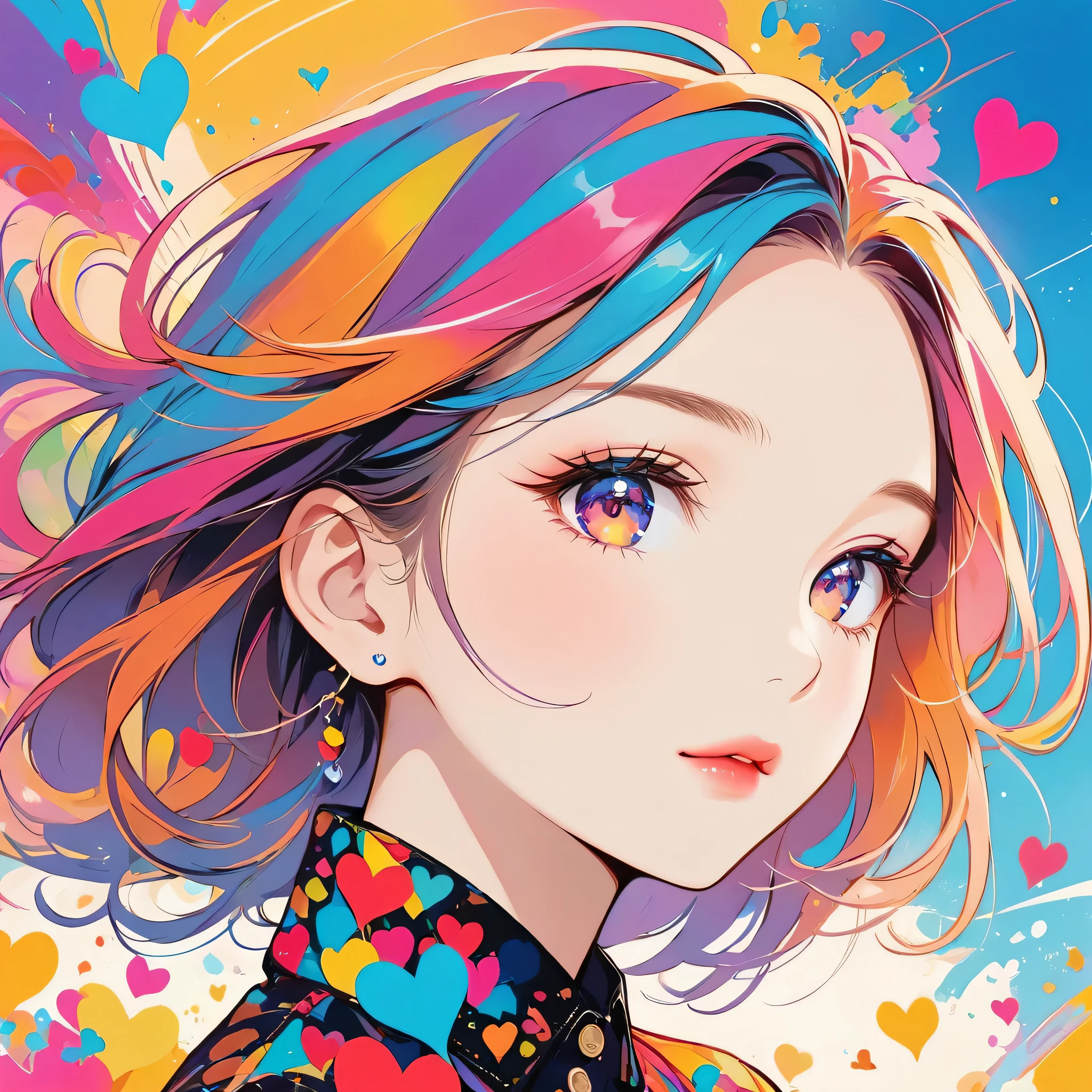Micho colorful style, Simple Line Initialism,Abstract art,Urban Background, (((The most beautiful girl of all time))), Sweet face. Lips in love, colorful hearts, stylish design, (((黒い瞳)))