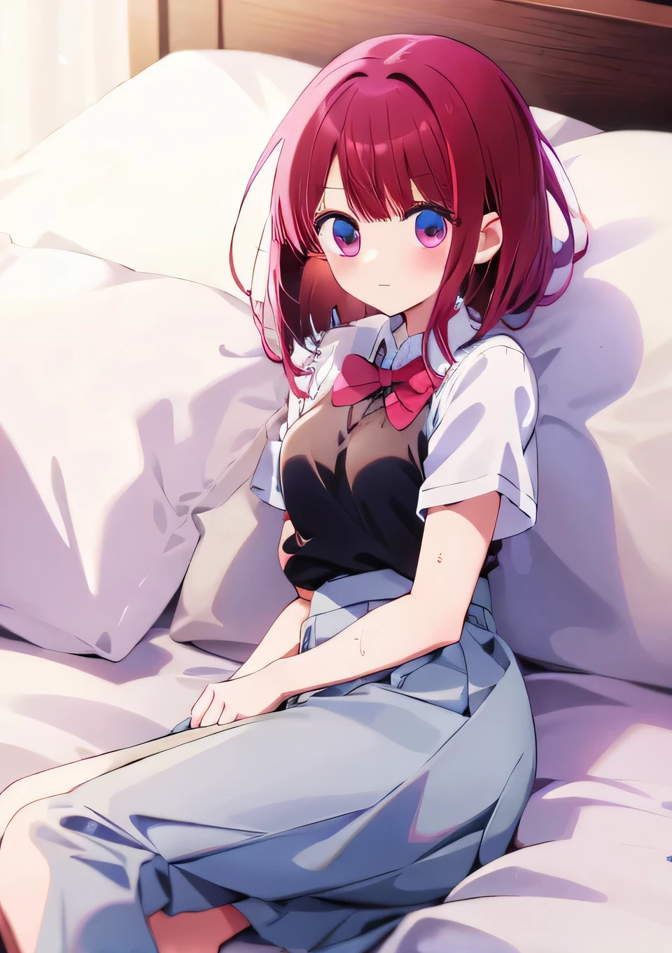 bed Prone uniform Her panties are visible through her skirt My pants are wet