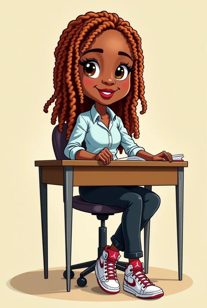 African-American teacher with Locs, brown skin brown eyes, sandy red loc, with professional clothes on with Jordans and sitting at a desk cartoon