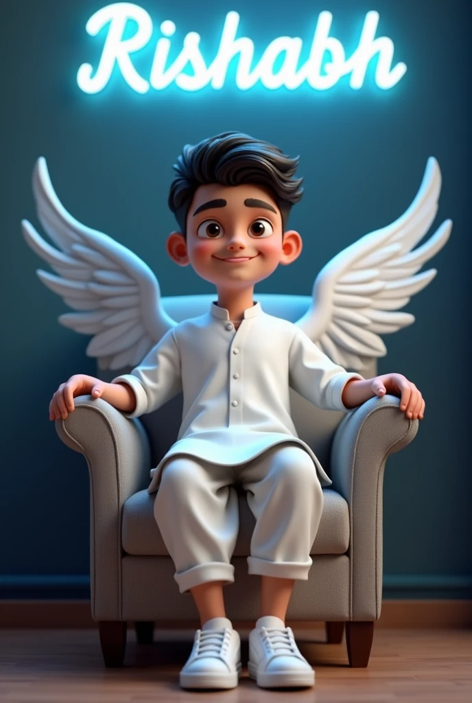 Casual Chic: Craft a delightful 3D profile picture depicting a young man () with a friendly expression. Sporting a crisp white dhoti kurta and clean white sneakers, he leans back relaxed in a plush wingback chair. His eyes sparkle with warmth as he looks ahead. The background features his name, "RISHABH," illuminated in a soft white neon against a calming dark blue wall. Subtle, feathery wings emerge from his back, adding a touch of angelic charm.red court