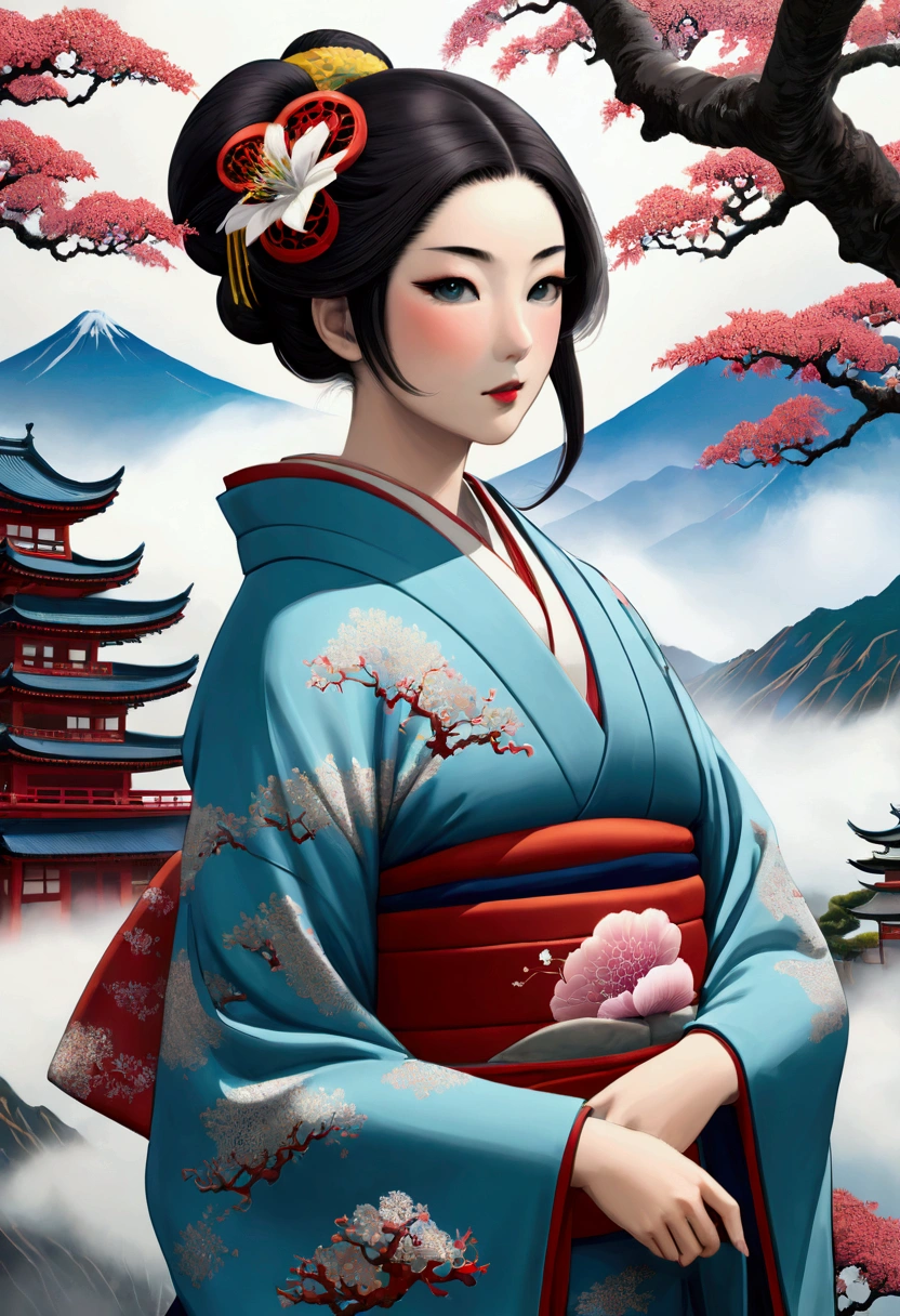 Japanese Art,(Top quality、Ukiyo-e style、mystery、Exquisite beauty、Official Art、Sharaku:1.2)、(1 Japanese girl:1.3)、(Fractal Art:1.3)、White skin、(Beautiful brunette、kimono:1.2)、rich and colorful、(reel、Japanese style:1.2)、lily,Natural landscape.(background:The mountain is shrouded in mist.),