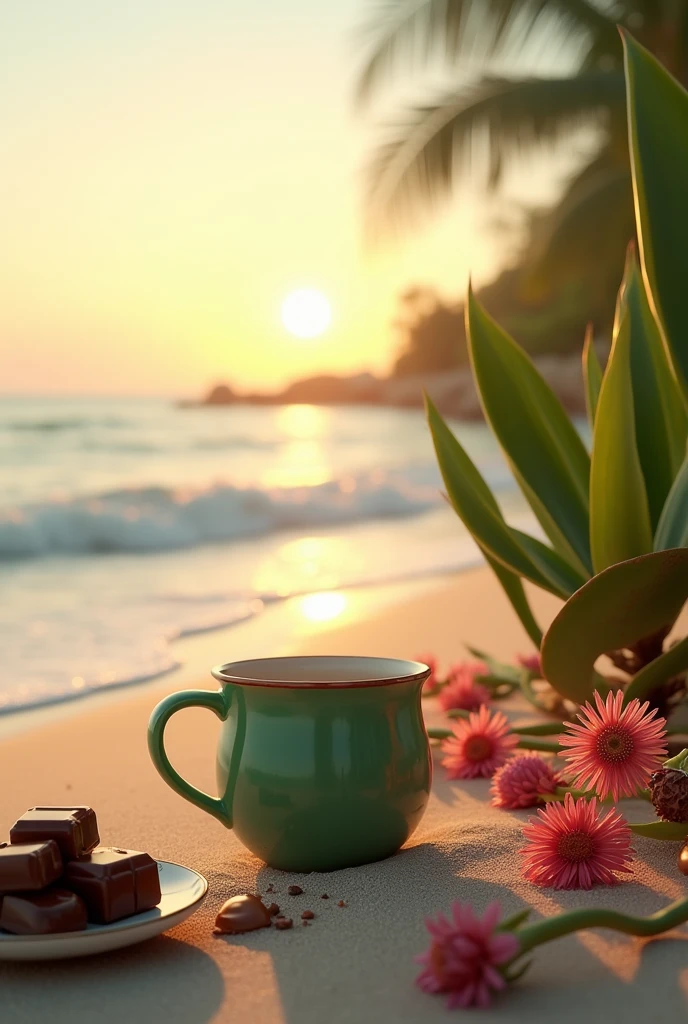 Sunrise beach green colour small coffee mug relax chocolate on plates flowers snake plants