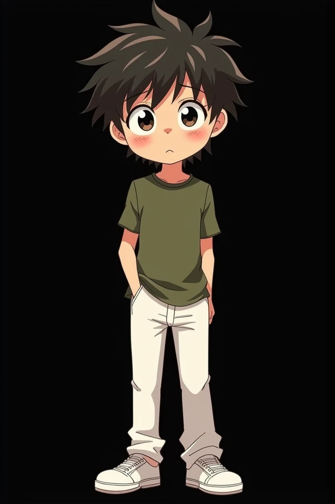 Black background,a cartoon anime boy,slim boy,wearing white pant,olive shirt,white shoe,sad face,unruly hair