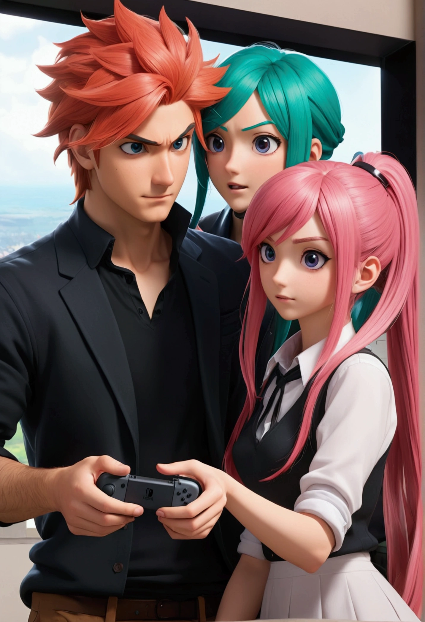 A moment of playful conflict between a couple. A girl, lost in a Nintendo Switch game, is teased by her boyfriend, a tall and striking figure with unique key-colored hair, as he reaches for the console. Anime