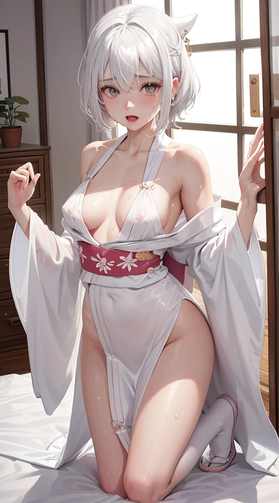 Character Details:, - Gender: 1 Girl.
- Style: Anime, - Body Type: Attractive body, slim body, nice legs, slim tights, nice arms, nice shoulders. - : (Small Breast (Cleavage:1.1le:1.1), (Slip N1.1), (Milk), (Whit), (White Goo:1.1), (White Sticky Goo Over Body:1.1), (White Goo over Face:1.1), (Sticky Liquid on Breast:1.4), (Wet Thighs:1.2).
-l Feature: Beautiful, Gorgeous, Teenager, Fresh, Young.
- Expression: k Blush on Face, open mouth, Pink Tongue, Sexy Eyes, Sexy Look, (Sweating:1.4), Innocentok, Tipsy. airstyle: Blunt Bangs, Long Hair. - Hair Color: (White Hair:1.5), (Cute Short Hair:1.3),
- Clothing: (Sexy Kimono:1.6), (Off-Shoulder:1.3),. - Body Pose: nd over:1.4),(kneel:1.4),(spread leg:1.2),. - Behaviour: Waiting, Want Something, Secretly.
- Accessories: Earrings, No Hair Accessories, Environmental Details:, - Setting: Bed Room., - Lighting: Natural Light., - Decoration: Modern Bed, Chair, Window, White Curtain, City View. Top view. pov, anime style, UHD, retina, masterpiece, accurate, anatomically correct, textured skin.