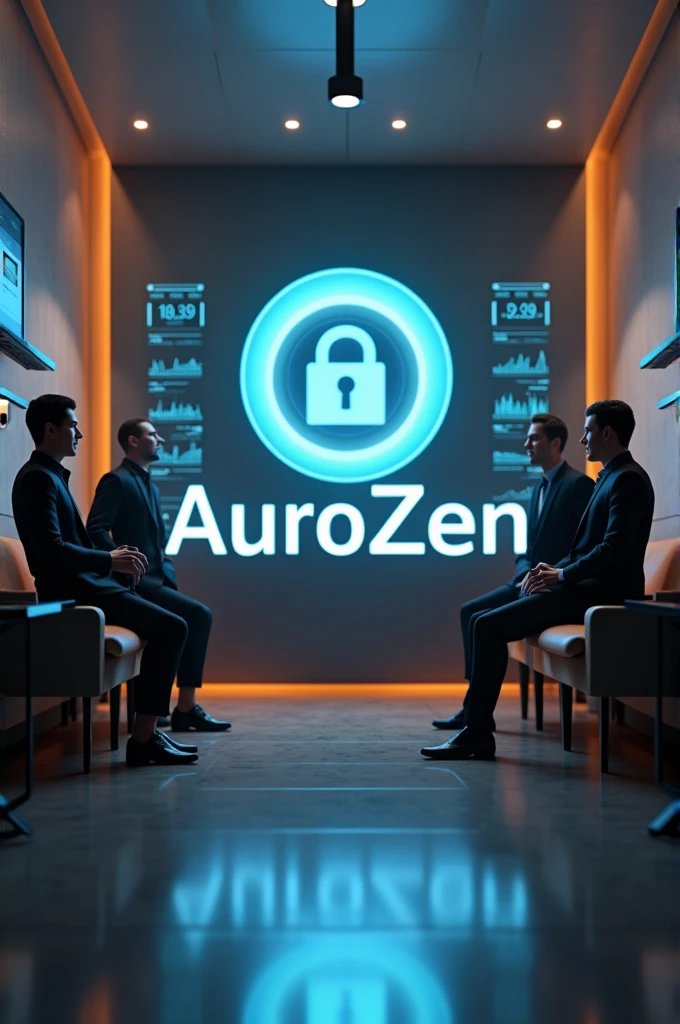Create a high-definition 3D image that features the full name AuroZen. The background should depict a group of people or a company, or individuals eager to profit from this company. The image should convey security and trust. 