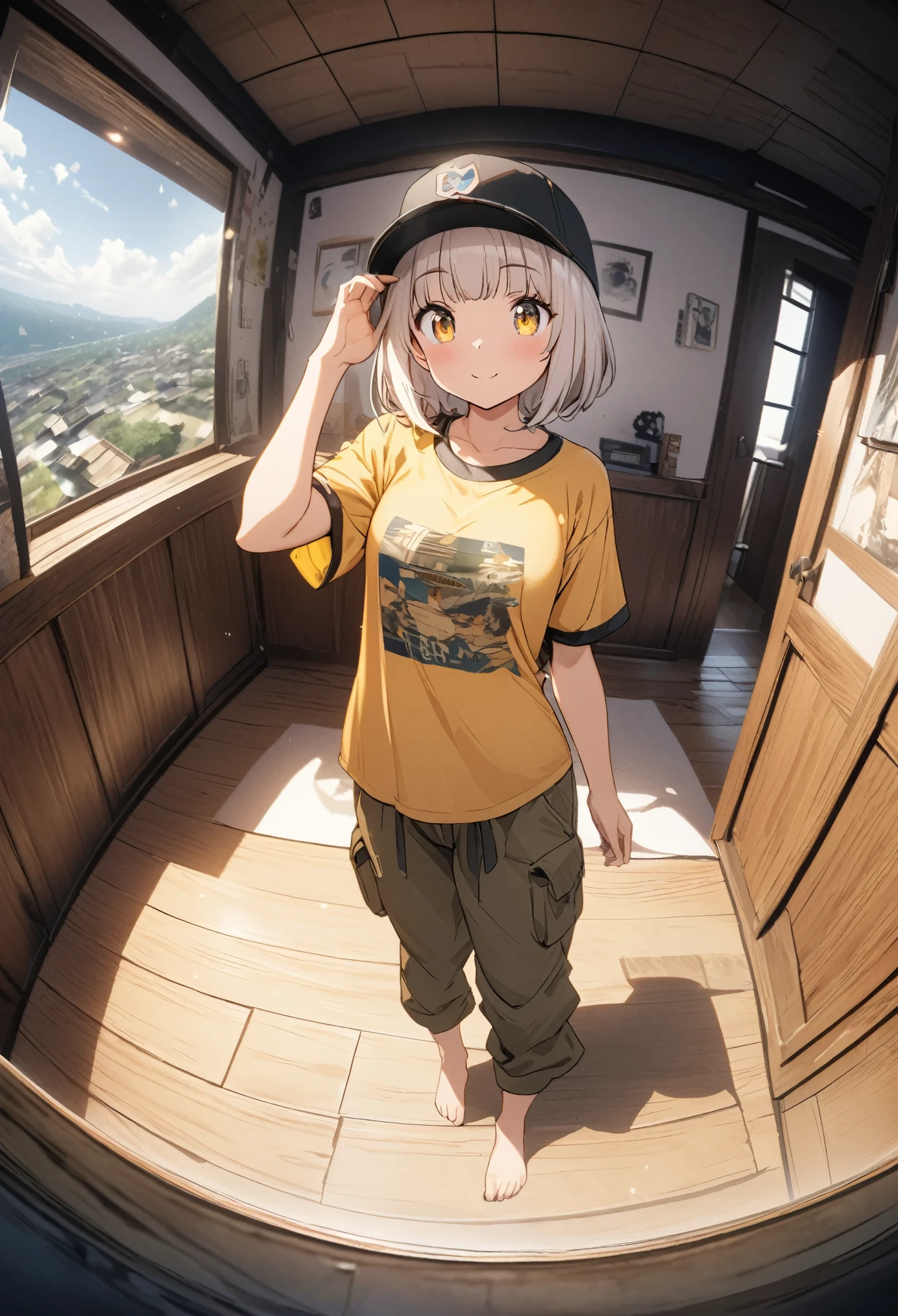 Micro-photography。A cute girl with white short bob hair and yellow eyes。Cute in Japanese anime illustration style。She is wearing an oversized yellow short-sleeved t-shirt。She is wearing sarouel cargo pants。She is barefoot。She is wearing a baseball cap。Photorealistic background of a single person living in a room。Fisheye Lens。Ultra-high definition depiction。Dynamic Perspective。She is posing touching her hat。