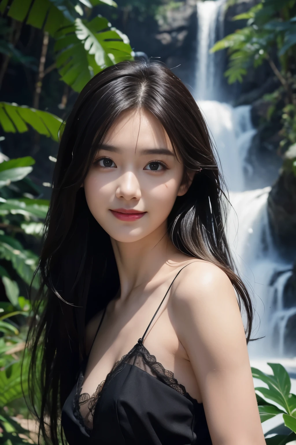 (ultra realistic) , (illustration), (increase resolution), (8K), (extremely detailed), (best illustration), (beautiful detailed eyes), (best quality), (ultra-detailed), (masterpiece), (wallpaper), (detailed face), 1 girl, black straight hair, slender body, delicate details, in the dark, deep shadow, low key, pureerosfaceace_v1, happy smile, summer dress, waterfall, rainforest