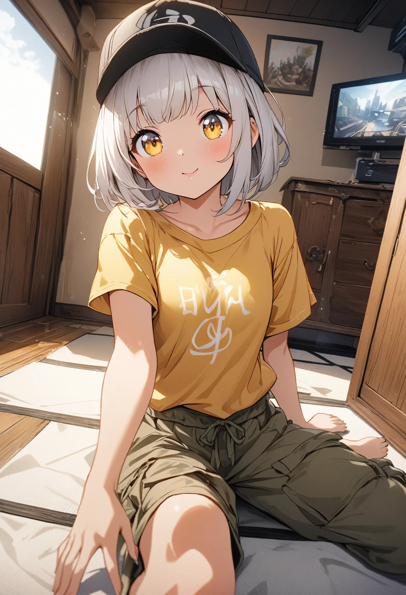 Micro-photography。A cute girl with white short bob hair and yellow eyes。Cute in Japanese anime illustration style。She is wearing an oversized yellow short-sleeved t-shirt。She is wearing sarouel cargo pants。She is barefoot。She is wearing a baseball cap。Photorealistic background of a single person living in a room。Fisheye Lens。Ultra-high definition depiction。Dynamic Perspective。She is posing touching her hat。