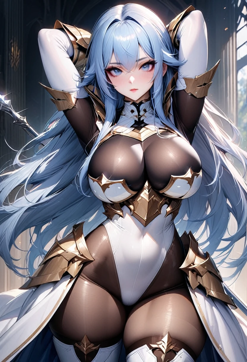 ((highest quality)), ((masterpiece)), ((hyperrealistic)), (solo), 1girl, ((curvy)), ((skindantation: 1.2)), perfect face, ((Azur Lane)), ((armored dress: 1.2)), ((paladin armor)), ((skin-tight high neck white leotard: 1.4)), ((white knight armor breastplate)), ((skin-tight black Investigator Bodystocking)), ((large pauldron)), (long gauntlet gloves), ((light blue hair straight long hair)), ((large breasts that look like they might burst)), ((pantyhose thighs)), (white knee-high boots), ((see through cleavage cutout)), zettai ryouiki, beautiful blue eyes, Perfect hands, perfect fingers, A magical spear decorated with luxurious goldwork., prepare a spear, makeup, arms behind head