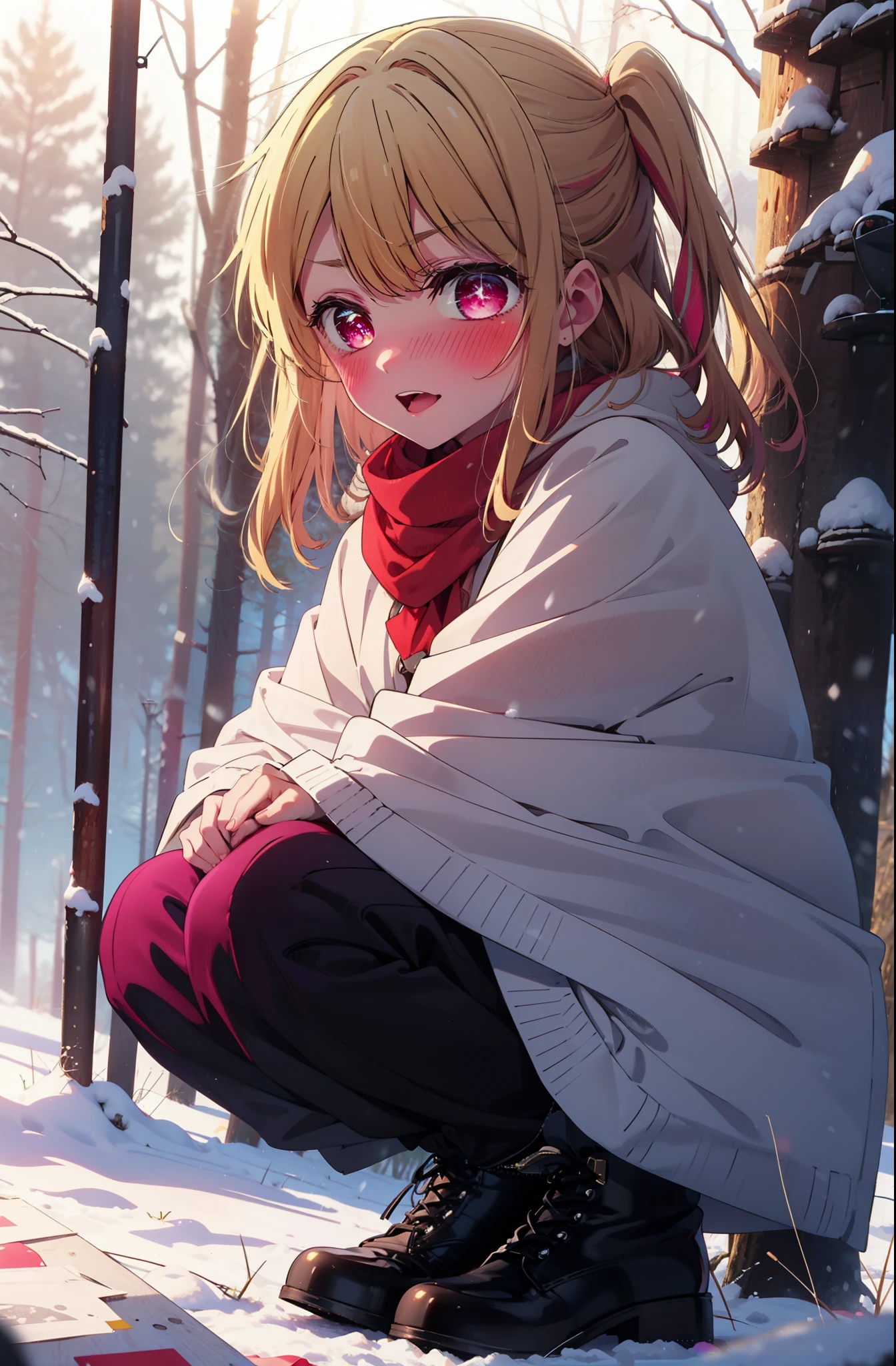 rubyhoshino, Hoshino Ruby, Long Hair, bangs, Blonde, (Pink Eyes:1.3), (Symbol-shaped pupil:1.5), Multicolored Hair, Two-tone hair, smile,blush,white breath,
Open your mouth,snow,Ground bonfire, Outdoor, boots, snowing, From the side, wood, suitcase, Cape, Blurred, , forest, White handbag, nature, Squat, Mouth closed, Cape, winter, Written boundary depth, Black shoes, red Cape break looking at viewer, Upper Body, whole body, break Outdoor, forest, nature, break (masterpiece:1.2), Highest quality, High resolution, unity 8k wallpaper, (shape:0.8), (Beautiful and beautiful eyes:1.6), Highly detailed face, Perfect lighting, Highly detailed CG, (Perfect hands, Perfect Anatomy),