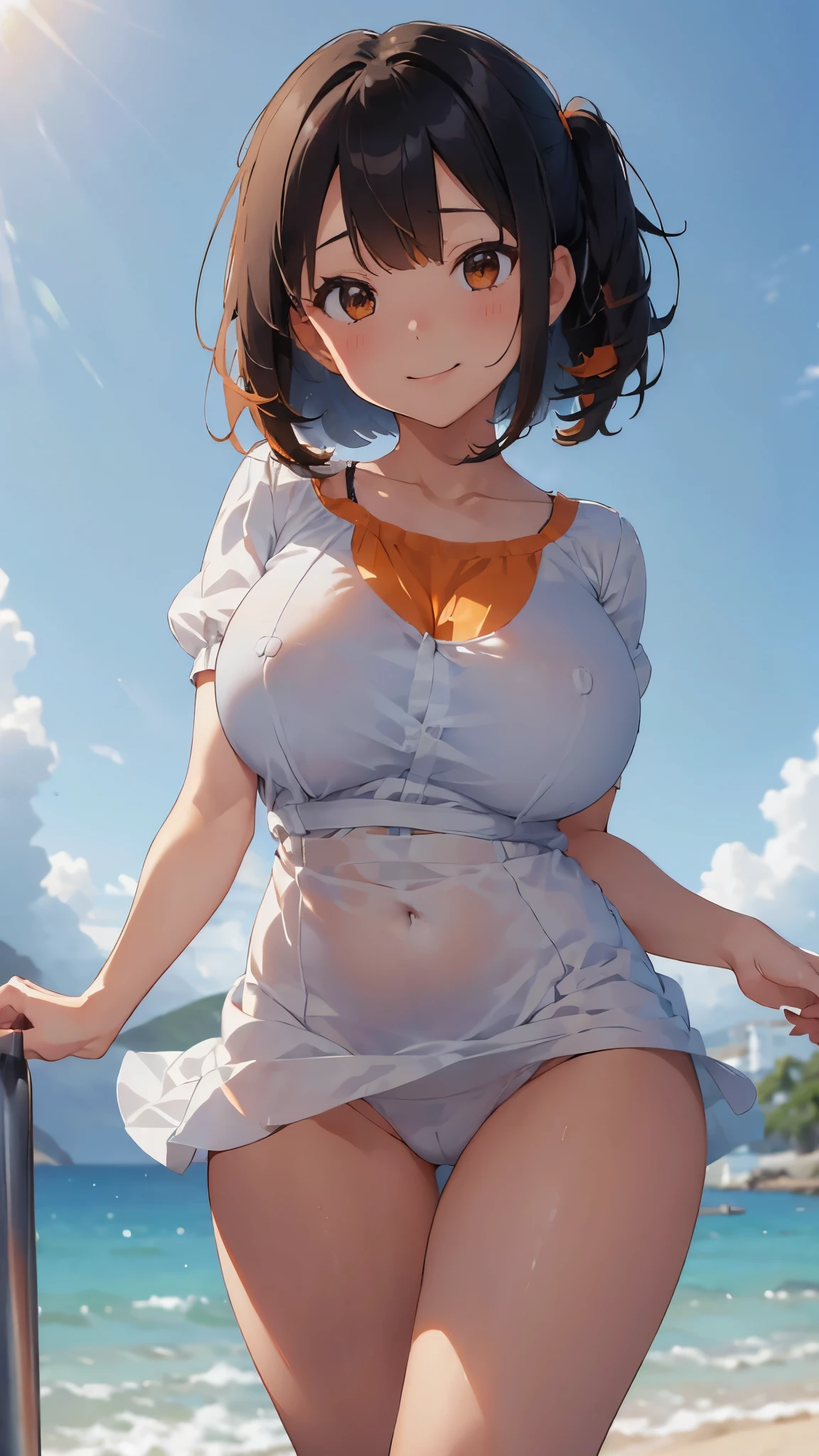 (Cute Smile、Black Hair Short Bob、Cute orange hair clip)、((Clothed Big Tits、A white blouse clinging tightly to an orange bra))、((Orange long flare cart、Pure white cute underwear))、barefoot、barefoot、((Sandy beach, sea and blue sky))、((The face is in focus and the background is blurred、Shallow depth of field))、Realistic、Standing posture、((Moderately large breasts、Closer valley))