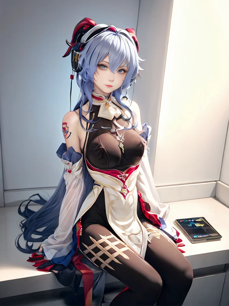 One Girl, Gray Hair, Long Hair, Techwear masterpiece, highest quality, Realistic, realism, Dark purple jacket, Portraiture, fine grain, wearing a headset, Platinum Hair, 21 year old girl, Fashion pose, Half Body, Wide Shot, on the road, cyber punk,(((He has many tattoos all over his body)), (((Tight waist))), ((Big Breasts)),(See-through),panties,nipples,sitting