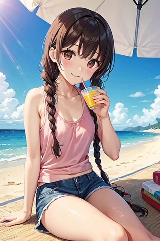 Yuno Shimazu、Shiny brown hair,Long Hair,  、((2 braids:1.5、Hair that falls over the shoulders)),Beautiful brown eyes、Sparkling eyes, Fine grain、smile、超detailedな目、非常にdetailedな顔, 非常にdetailedな目,Cowboy Shot、

 

(masterpiece: 1.2), (Highest quality: 1.2), High resolution, detailed. break.  (1, Pink tank top and shorts, ), Drinking cold lemonade through a straw, lying on a beach towel. break. Sunny seaside, Large umbrella, Sandy Beach, Calm waves of the sea, People playing in the water々. break. ((Bright sunlight)), Sparkling water, A small portable fan nearby. break. ((positive: 1.3)). break. Bright digital illustration, Vacation vibes on the beach