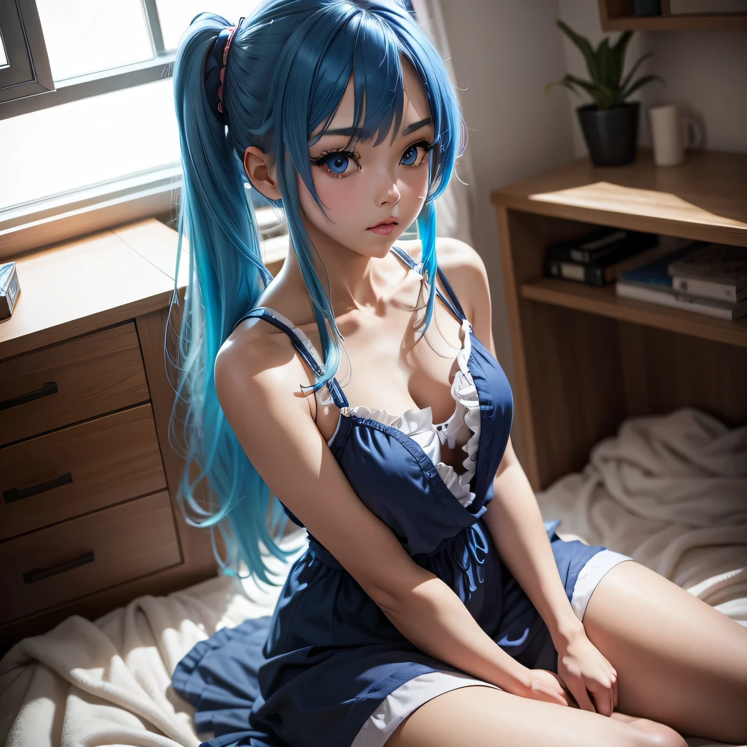 ((tmasterpiece:1.5))、((super high image quality:1.5))、((hyper HD:1.5))、（(真实感:1.5))、((8k photograph:1.5))、NSFW:1.2、Blue haired woman lying on bed、Chest-wide shirt、Lop、Beautiful crotch、tight pink shirt、big chest and thin waist、((not wearing bra))、Chinese 18-year-old female、smooth fair skin、Seductive girl、Cute girl with medium long blue hair、sitting on her bed, sit on a bed、bodfin、Sexy girl、Very lovely woman、Incredibly beautiful girl、Blue hair、on my bed、asiagirl、charming and beautiful eyes、charming and beautiful nose、Charming double eyelids、Attractive long eyelashes、Attractive and plump lips、pretty legs、Chest-wide shirt、Lop、View here、perfect body figure、perfect beautiful breasts、Belly is smooth、Beautiful and perfect crotch、Pink transparent panties、Wet panties，There is translucent liquid flowing out of the crotch，Only two arms