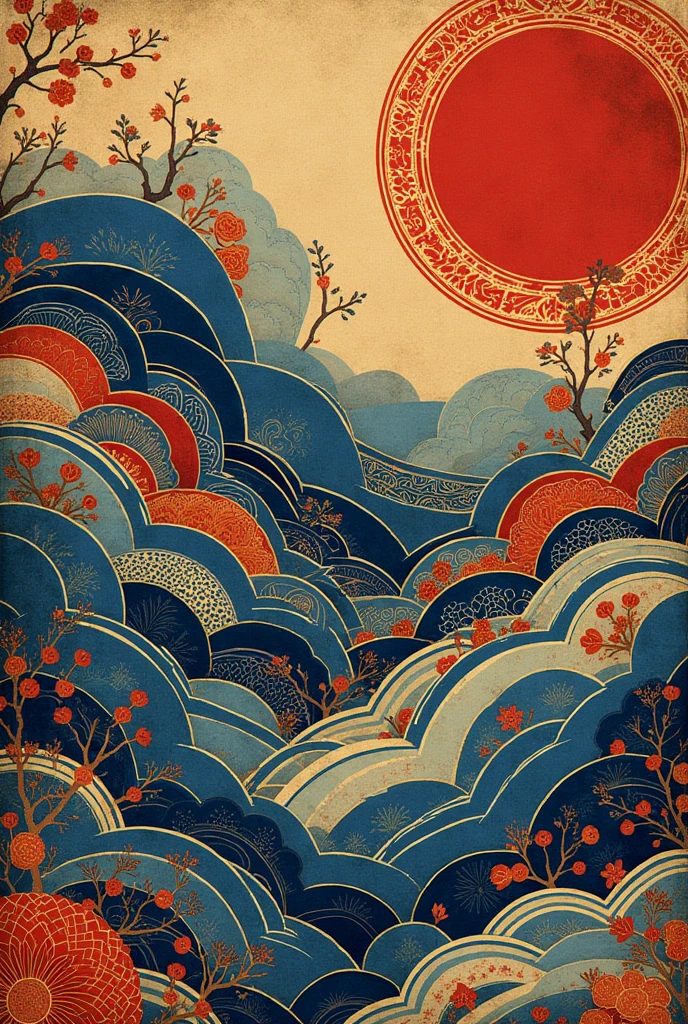 
"Create an intricate and visually appealing image featuring a variety of traditional Japanese design patterns. Incorporate elements such as *asanoha* (hemp leaf), *seigaiha* (blue ocean waves), and *kikkō* (tortoise shell). The patterns should be arranged harmoniously in a balanced composition, using a color palette of deep indigo, gold, and crimson red. The overall aesthetic should evoke a sense of elegance, cultural richness, and attention to detail, typical of traditional Japanese art." 

