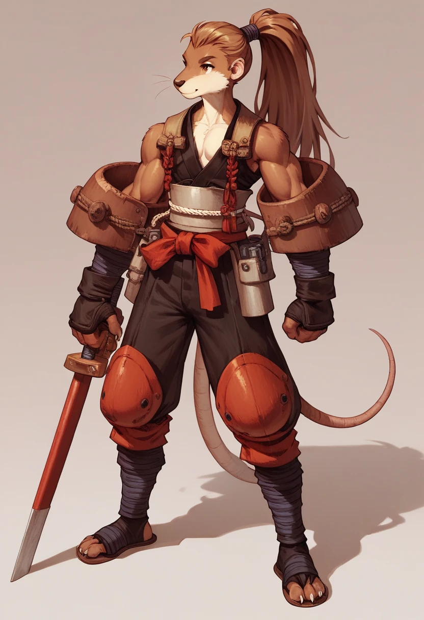 a furry anthropomorphic black/brown rat buff,muscular man wearing a survivalist suit,master splinter,Hamato Yoshi,thick,young,long hair,ponytail,90’s style. He’s androgynous,equipped with some weapons and a sensual ,peaceful expression,full body.The scene has a cool,sweet,sexual,samurai style and a vibrant tone.industrial setting in the background