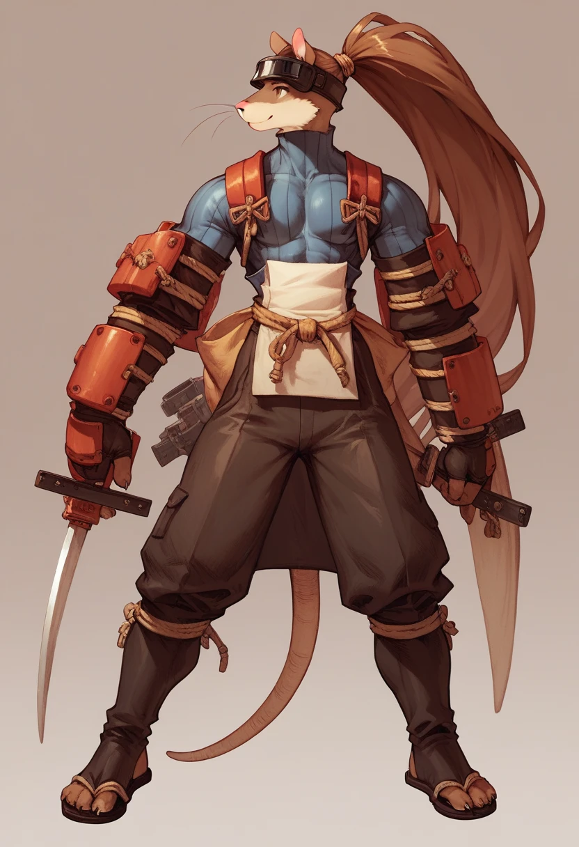 a furry anthropomorphic black/brown rat buff,muscular man wearing a survivalist suit,master splinter,Hamato Yoshi,thick,young,long hair,ponytail,90’s style. He’s androgynous,equipped with some weapons and a sensual ,peaceful expression,full body.The scene has a cool,sweet,sexual,samurai style and a vibrant tone.industrial setting in the background