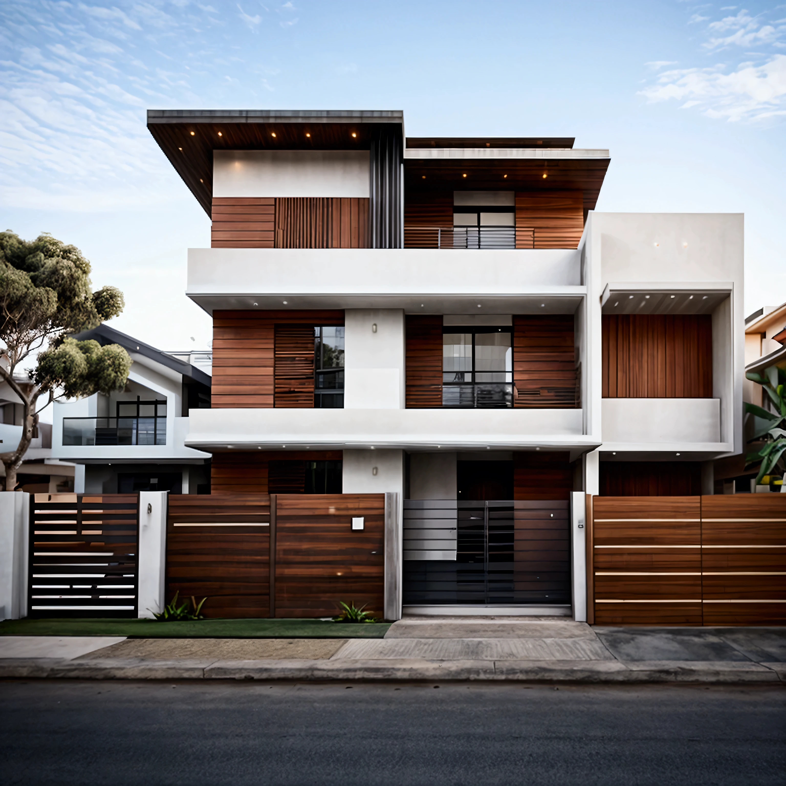Large modern house facing a street, modern architecture house, Ground floor house, street in front of the house, (((front house))), from front view da casa, from front view, FULLY FRONT, ultra realisitic, the house is facing, the house is facing para uma rua, Condominium House, ((((from front view da casa)))), from front view !!!!